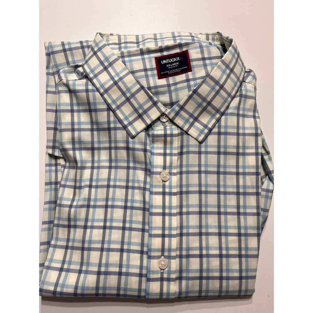 Untuck It Men’s Plaid Shirt Long Sleeve White Blue Yellow